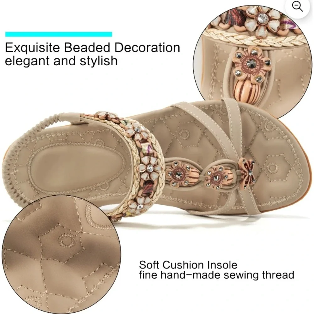 Boho Beaded Floral Butterfly Sandals Beige Elastic Slingback Flat Size 11 NEW‎